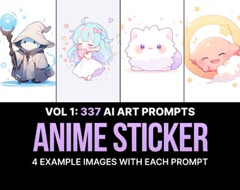 337 Midjourney Prompts for Anime Stickers | Ai Art, Prompt, Dall e, Stable Diffusion, Bundle, Clip art, Sticker, Cute, Cartoon, Character
