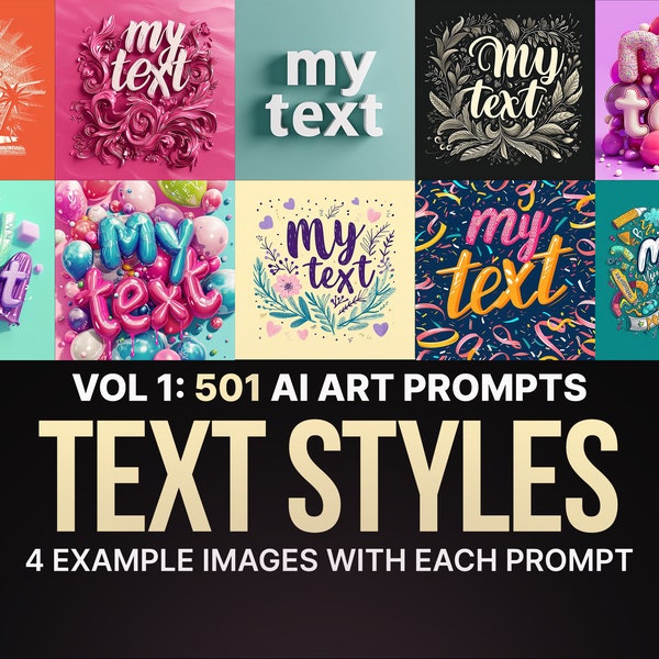 501 Midjourney Prompts for Text Styles | Ai Art, Prompt, Dall e, Stable Diffusion, Bundle, Print, Typography, Letters, Logo, Font, Type