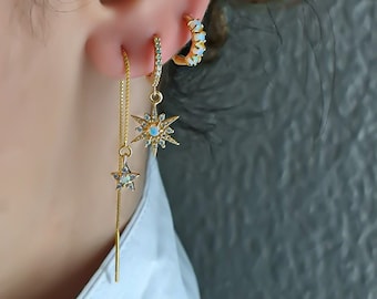 Gold Opal Ohrringe, Gefädelte Opal Tropfen Ohrringe, CZ Star Huggie Ohrringe, 18K GOLD FILLED zierliche Ohrringe, Geburtstagsgeschenk für sie, Opal Creolen