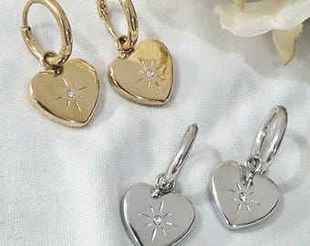 Aros con forma de estrella y corazón, aretes de oro de 18 quilates con dije de corazón, aretes de plata con forma de corazón, aretes colgantes con forma de corazón, aros con forma de corazón