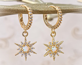 GOLD FILLED Opal Star Hoop Earrings Dainty North Star Earrings Opal Jewelry Set Gemstone Earrings HYPOALLERGENIC Christmas Gift Idea