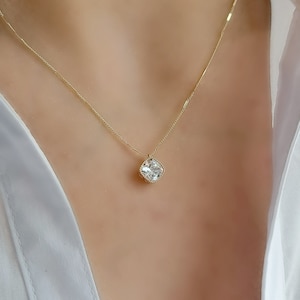 White Crystal Necklace, Square Crystal Necklace, Gold Filled Necklace, Clear Crystal Pendant, Delicate Crystal Pendant Necklace, For Her