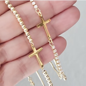 Gold Cross Bracelet, Dainty Cross Bracelet, Adjustable Bracelet, Sideways Cross Bracelet, Confirmation Gift, Religious Jewelry, Baptism Gift