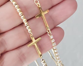 Gold Cross Bracelet, Dainty Cross Bracelet, Adjustable Bracelet, Sideways Cross Bracelet, Confirmation Gift, Religious Jewelry, Baptism Gift
