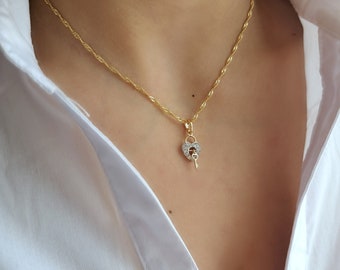 Heart Gold Filled Necklace, Lock Key Necklace, Dainty Pave Heart Lock Necklace, Valentin's Love Gift For Her, Dainty Heart Charm Necklace