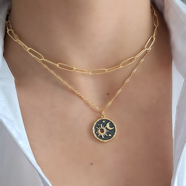 Sun and Moon Charm Necklace, Universe Pendant Necklace, Crescent Moon, Celestial Jewelry, Gold Sun Necklace, Birthday Gift, Bridesmaid Gift