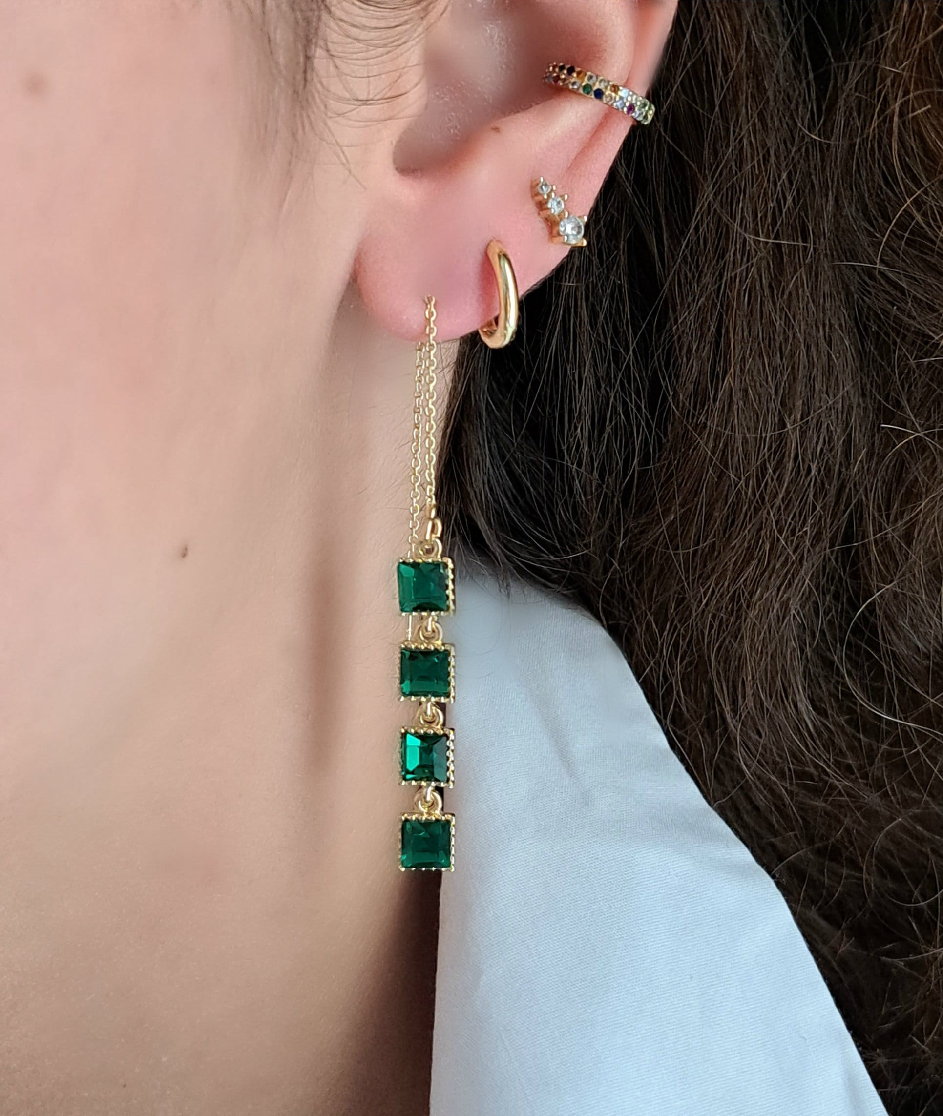 Gold Threader Earrings, Emerald May Birthstone, Mother's Day Gift, Green CZ Crystal Long Earrings, Thread Earrings, Cartilage Chain Earrings