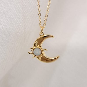 Gold Dainty Opal Crescent Moon Necklace, Moon and Sun Opal Charm Necklace, Celestial Necklace, Birthday Gift for Her. Gold Layering Necklace