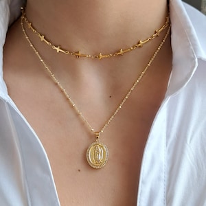 Miraculous Gold Virgin Mary Cross Necklace, Miraculous Medal Religious Cross Necklace, Stainless Steel Pray Necklace, Miraculous Necklace