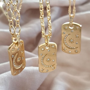 Moon Star Necklace, Tag Necklace, Gold Filled Charm Necklace, Star Moon CZ Necklace, Rectangle Pendant Necklace, Gold Celestial Medallion