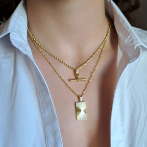 Sunburst Charm Necklace, Tag Necklace, T-Bar Necklace, Rectangle Tag Necklace, Waterproof Jewelry, Gold Bar Necklace, Layer Gold Necklace