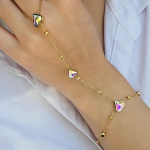Heart Hand Chain Bracelet, Gold Finger Bracelet, Hand Chain, Summer Jewelry, Crystal Beaded Chain Bracelet, Hand Jewelry, Ring Bracelet