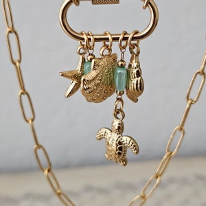 Paperclip Charms Necklace, Gold Carabiner Charm Necklace, Beach Ocean Shell Starfish Necklace, Summer Jewelry, Seashell WATERPROOF Jewelry