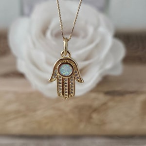 Hamsa Hand Necklace, Evil Eye Necklace, Good Luck Charm, Protection Necklace, Gold Filled Necklace, Tiny Opal Necklace,Birthday Gift for Her