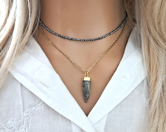 Collar de labradorita, collar con dije de labradorita, collar de cristal de labradorita, collar con dije de labradorita, gargantilla de cuentas, regalo para ella