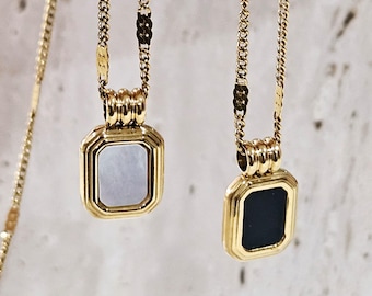 Black Onyx Pendant Necklace, Rectangle Pendant Gold Layered