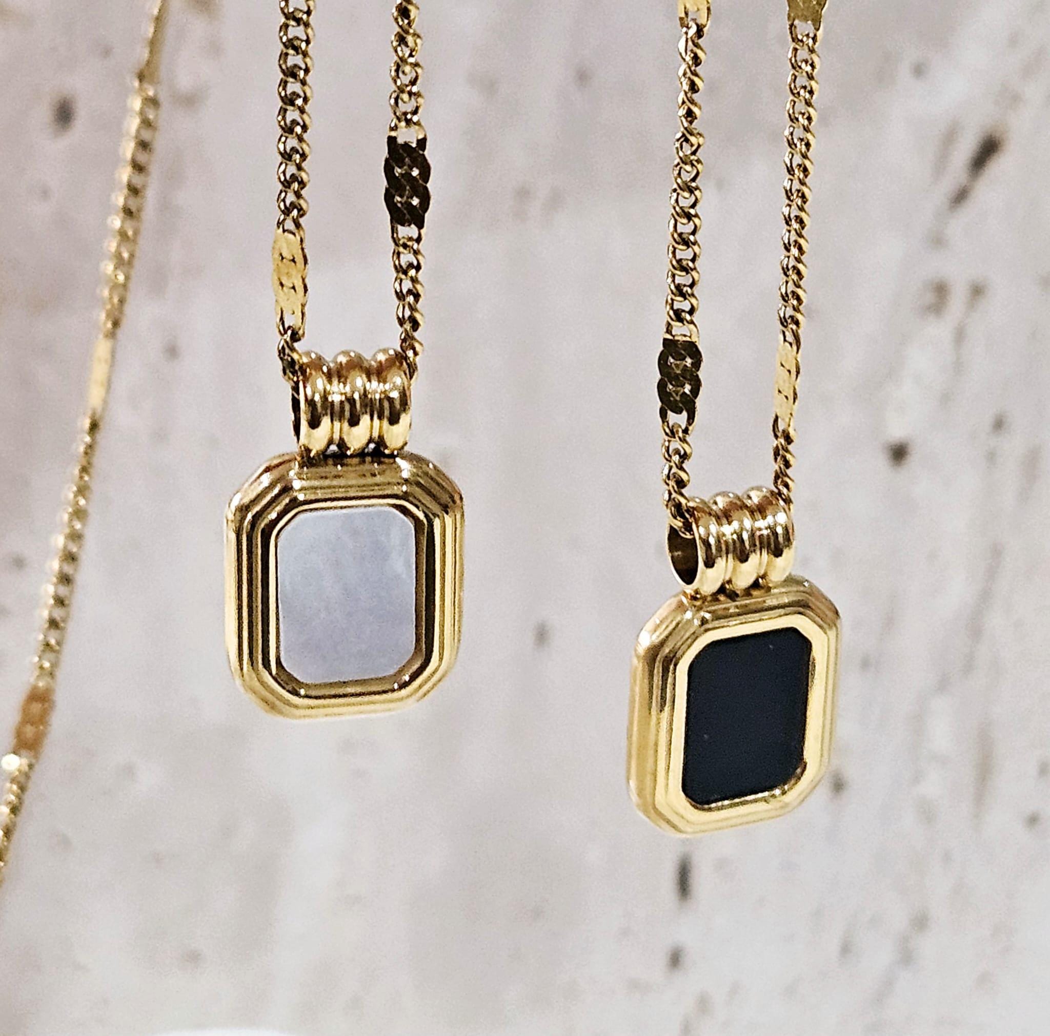 Black Onyx Pendant Necklace, Rectangle Pendant Gold Layered
