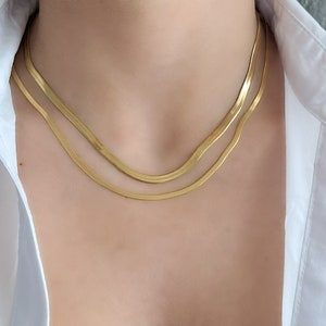 Herringbone Gold Necklace, Gold Chain Necklace, Flat Snake Gold Necklace, Gift for Her, Layered Necklace, Minimalist Everyday Dinity Jewelry