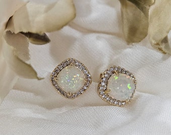 Opal Earrings, Opal Square Earrings, Stud Gold Earrings, White Opal CZ Stud Earrings, Statement Earrings, Mother's Day Gift, Birthday Gift