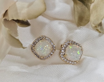 Opal Earrings, Opal Square Earrings, Stud Gold Earrings, White Opal CZ Stud Earrings, Statement Earrings, Mother&#39;s Day Gift, Birthday Gift