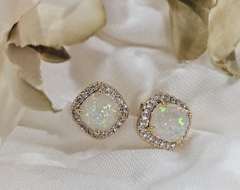 Opal Earrings, Opal Square Earrings, Stud Gold Earrings, White Opal CZ Stud Earrings, Statement Earrings, Mother's Day Gift, Birthday Gift