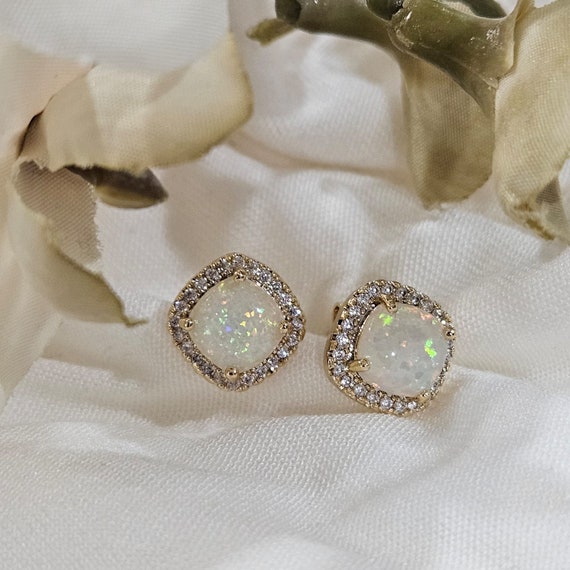 Opal Earrings, Opal Square Earrings, Stud Gold Earrings, White Opal CZ Stud Earrings, Statement Earrings, Mother's Day Gift, Birthday Gift