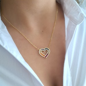 Heart Baguette Gold Necklace, Colorful Necklace, CZ Stone Necklace, Gemstone Necklace, Gold Filled Crystal Necklace, Dainty Necklace For Her