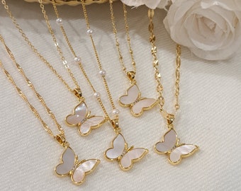 Butterfly Gold Necklace, Butterfly Pearl Charm Necklace, Pearl gold Necklace, Dainty Gold Necklace, Gold Charm Necklace, Bridesmaid Gift