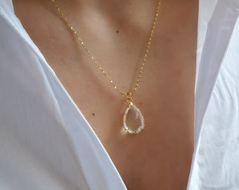 Gold Teardrop Necklace, Pear Crystal Gold Necklace, Gift For Her, Wedding Necklace, Bridesmaid Necklace, Minimalist Dainty Gold Necklace