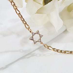 Winziger Davidstern Armband, Jüdisches Goldarmband, Zarte Magen David Armband, Fledermaus Mitzwa Geschenk, Israelischer Schmuck, Stern Gold CZ Armband