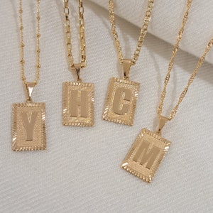 Initial Tag Necklace, Gold Filled Tag Charm Necklace, Initial Gold Name Necklace, Letter Rectangle Dog Tag Necklace, Gift for Her, Mom Gift