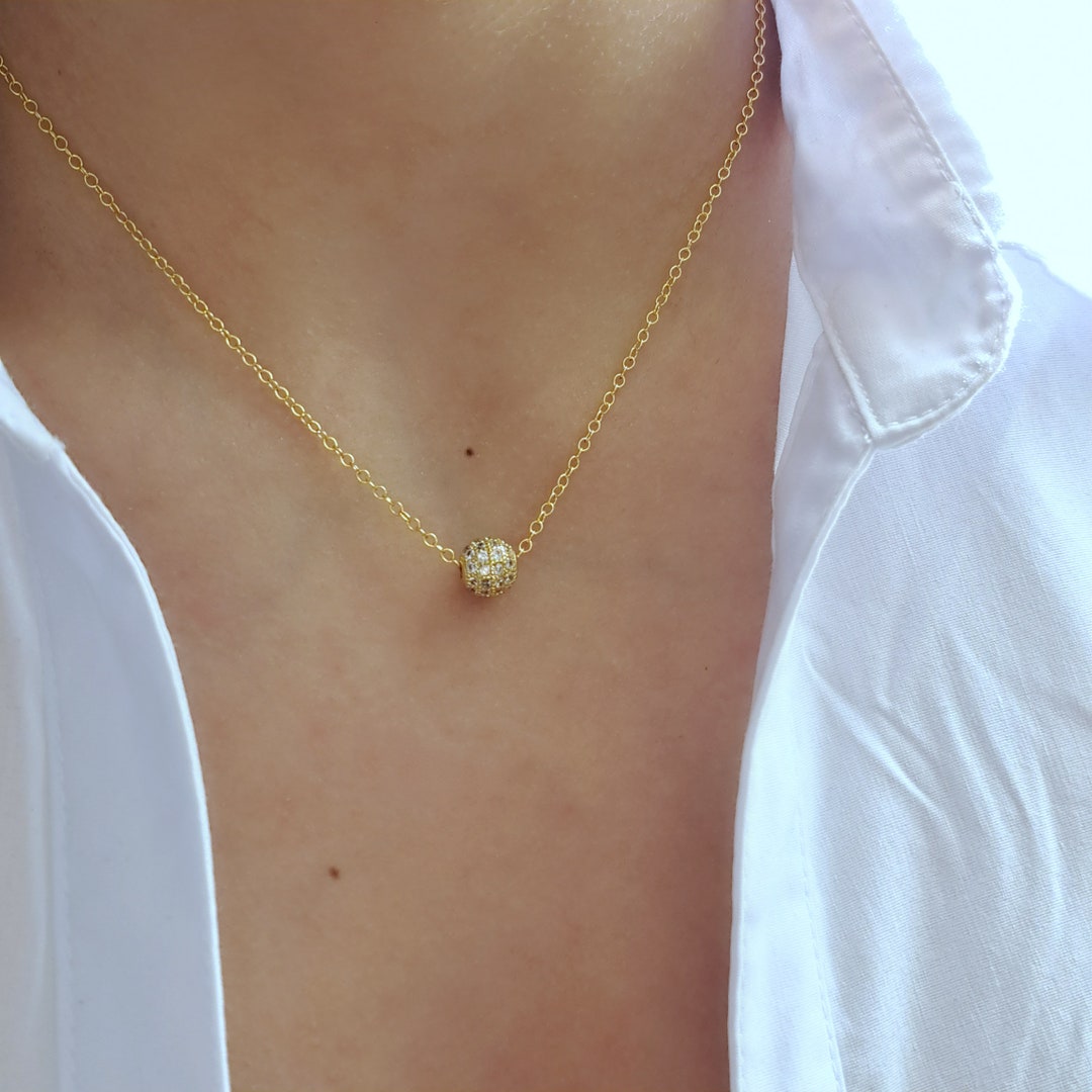 Delicate Gold Micro Pave Ball Necklace, CZ Spinner Disco Ball Necklace, Clear Crystal Gold