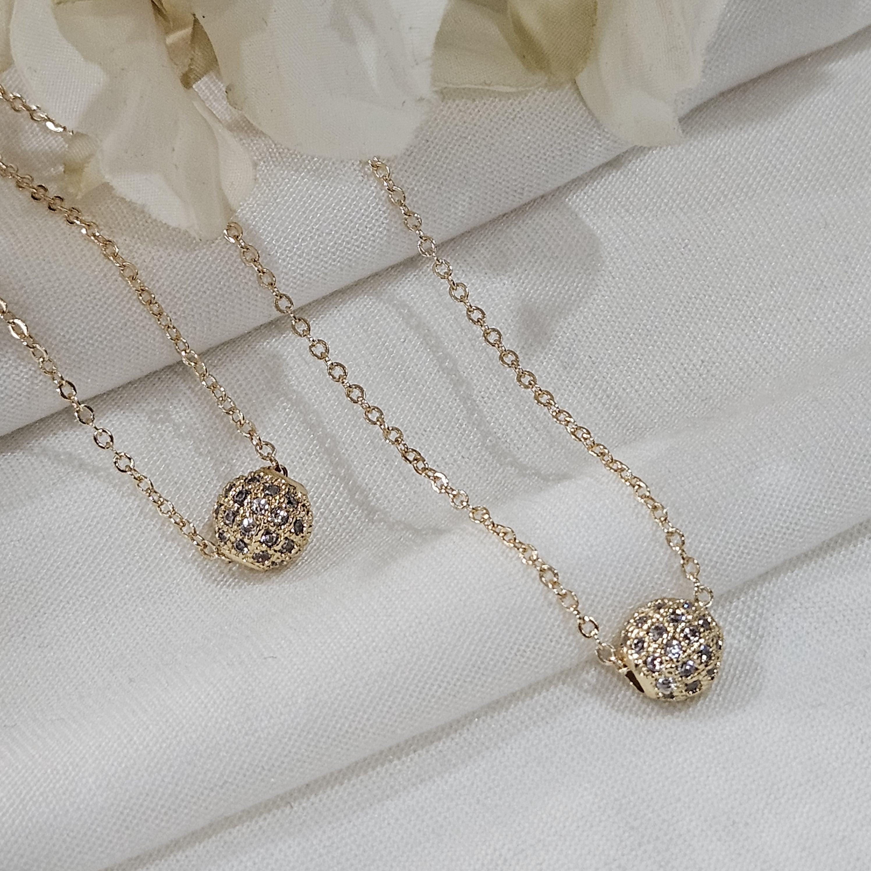 Delicate Gold Micro Pave Ball Necklace, CZ Spinner Disco Ball 