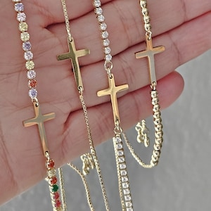 Gold Cross Bracelet, Dainty Cross Bracelet, Adjustable Bracelet, Sideways Cross Bracelet, Confirmation Gift, Religious Jewelry, Baptism Gift