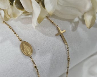 Sideway Cross Necklace, Religious Gold Necklace, Dainty Cross Necklace, Delicate Virgin Mary Necklace, Christian Gift, Miraculous Necklace
