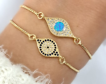 Gold Evil Eye Bracelet, CZ Eye Gold Bracelet, Protection Eye Bracelet, Blue Eye Bracelet, Opal Evil Eye Jewelry, Mal de Ojo, Nazar Jewelry