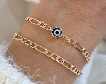 18K Gold Filled Evil Eye Bracelet, Figaro Link Chain Evil Eye Bracelet, Dainty Bracelet Set, Evil Eye Jewelry, Gift for Her, Eye Bracelet