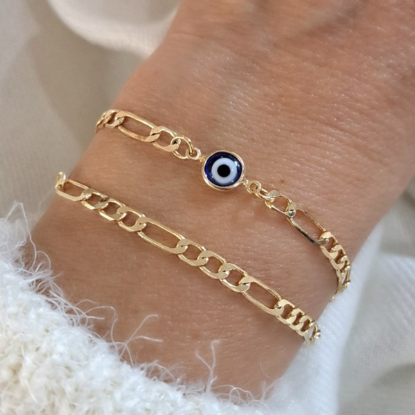 24k Gold Filled Evil Eye Bracelet, Figaro Link Chain Evil Eye Bracelet, Dainty Bracelet Set, Evil Eye Jewelry, Gift for Her, Eye Bracelet