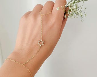 Pulsera de cadena de mano con estrella de David, delicada joyería judía de oro, delicado regalo religioso, pulsera de cadena de mano esclava, joyería judaica espiritual
