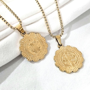 Collana con medaglione religioso in oro, gioielli con croce di San Benedetto, collana religiosa di un santo, regalo cristiano, collana di San Benito, regalo di Natale