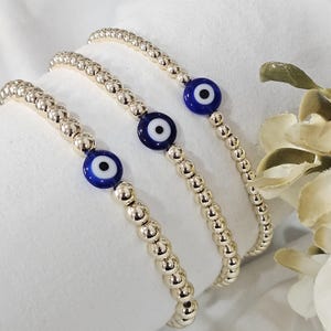 14K Gold Filled Evil Eye Beaded Bracelet, Elastic Evil Eye Bracelet, Blue Eye Dainty Bracelet, Evil Eye Jewelry, Gift for Her, Eye Bracelet