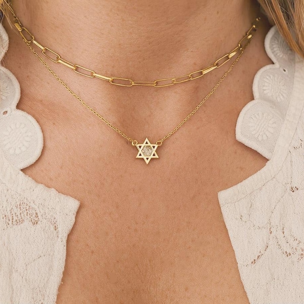 Tiny David Star Gold Necklace, CZ Jewish Star Necklace, Bat Mitzvah Gift, Gold Star of David Necklace, Women Hanukkah Gift, Israeli Necklace