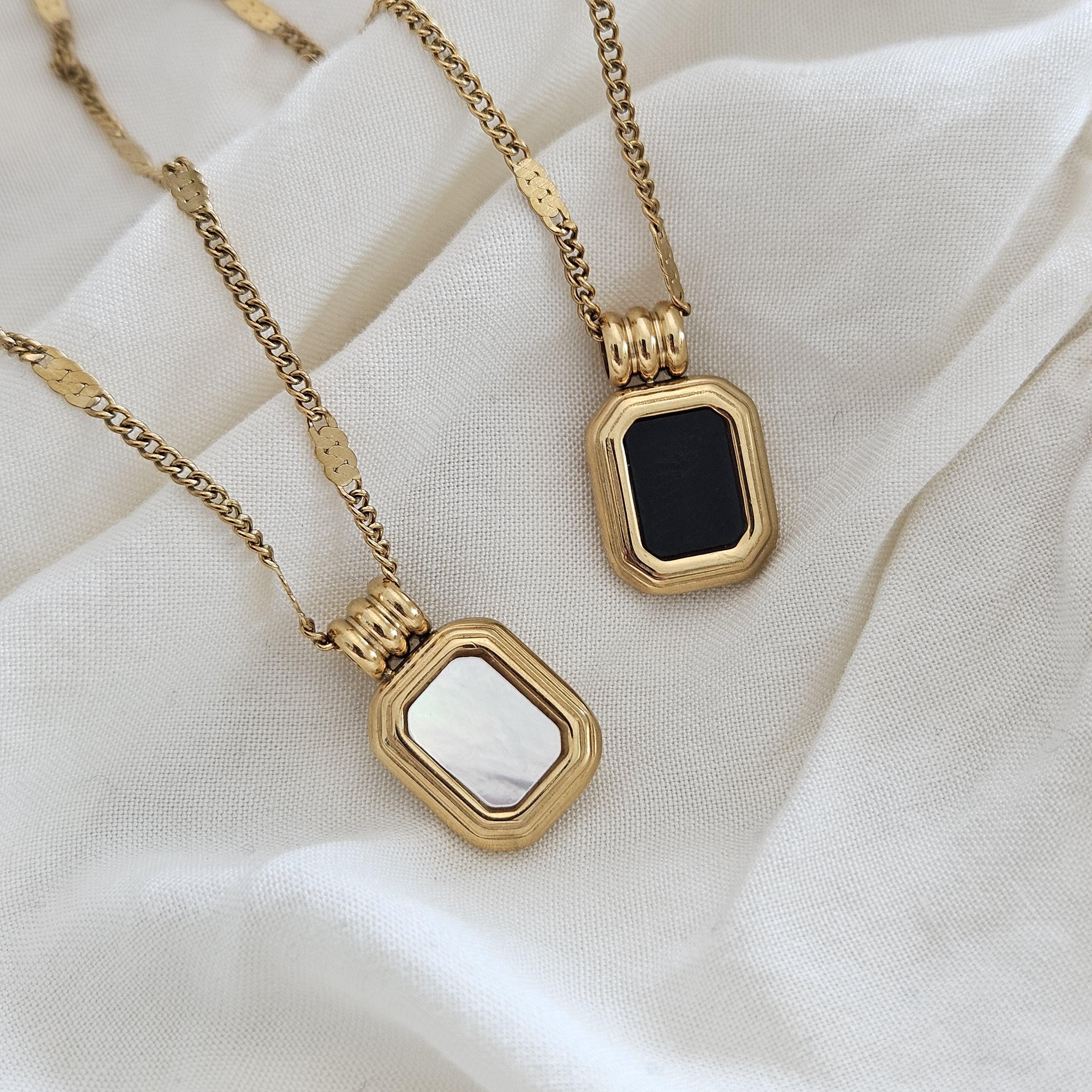 Black Onyx Pendant Necklace, Rectangle Pendant Gold Layered