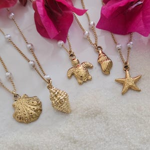 Surfer Girl Necklace, Beach Charm Necklace, Pearl Ocean Necklace, WATERPROOF Summer Jewelry, Clam Starfish Sea Turtle Conch Gold Necklace