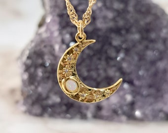 Crescent Moon Necklace, Celestial Opal Moon Necklace, Opal Stars Necklace, Dainty Opal Jewelry, Birthday Gift For Her, October Birthstone