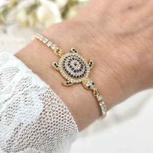 18K Gold Filled Turtle Bracelet, Turtle Bracelet, Gold Evil Eye Bracelet, CZ Sea Turtle Adjustable Bracelet, Good Luck Minimalist Bracelet