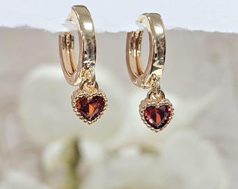 Tiny Ruby Red Heart Dangle Charm Earrings, Heart Huggies hoops, January Birthstone hoops, Bridesmaid Gift, Red Earrings, Valentine's Jewelry
