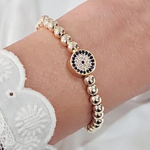 Gold Filled Evil Eye Beaded Bracelet, Elastic Evil Eye Bracelet, CZ Blue Eye Dainty Bracelet, Evil Eye Jewelry, Gift for Her, Eye Bracelet