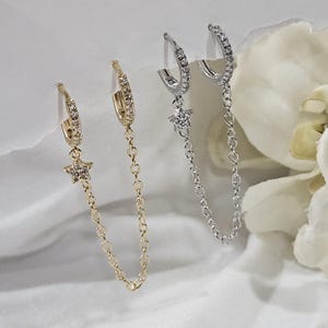 Minimalist Pave Duo Chain Earring, Star Chain Earrings, Chain Hoop Earrings, Gold Star Huggies Earrings, Star Crystal Drop Earrings, For Her