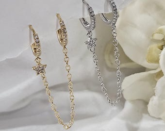 Minimalist Pave Duo Chain Earring, Star Chain Earrings, Chain Hoop Earrings, Gold Star Huggies Earrings, Star Crystal Drop Earrings, For Her